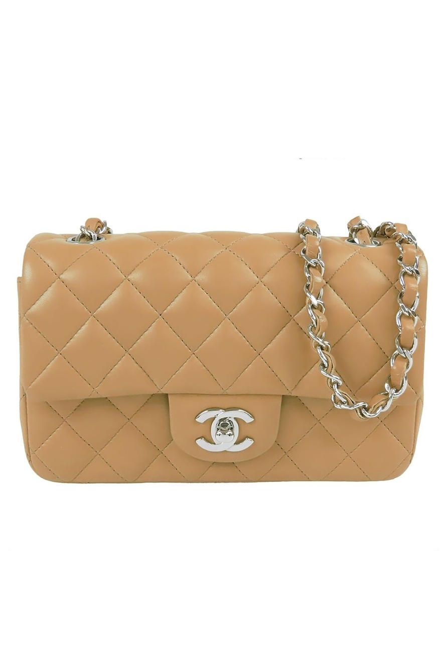Chanel Chain Shoulder Bag Beige Silver Lambskin Quilted 20